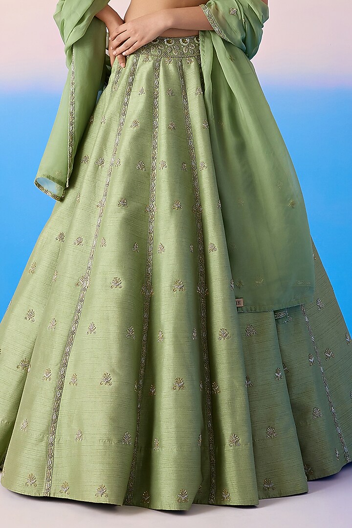 Sage Green Viscose Dupion & Viscose Crepe Embroidered Wedding Lehenga Set by Mirroir at Pernia's Pop Up Shop