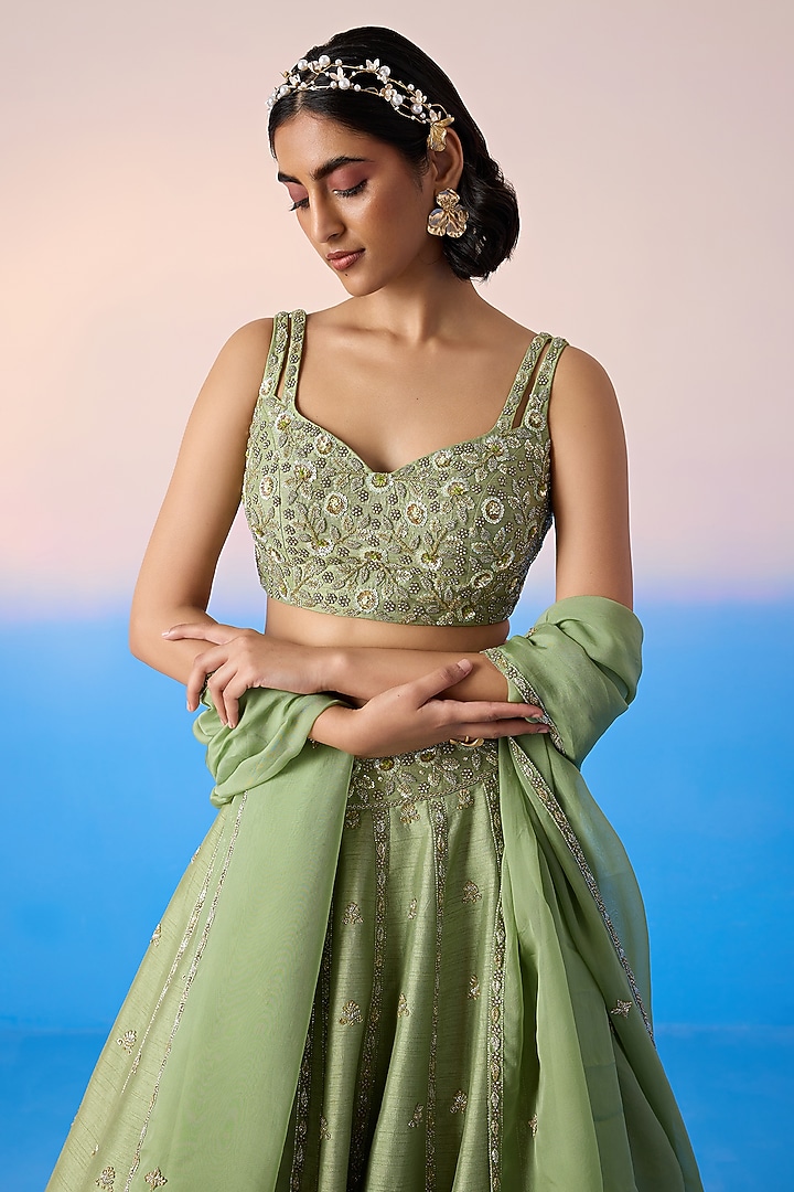 Sage Green Viscose Dupion & Viscose Crepe Embroidered Wedding Lehenga Set by Mirroir at Pernia's Pop Up Shop
