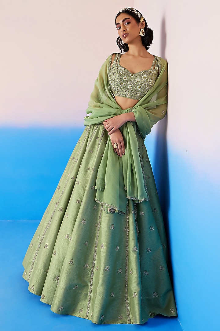 Sage Green Viscose Dupion & Viscose Crepe Embroidered Wedding Lehenga Set by Mirroir at Pernia's Pop Up Shop