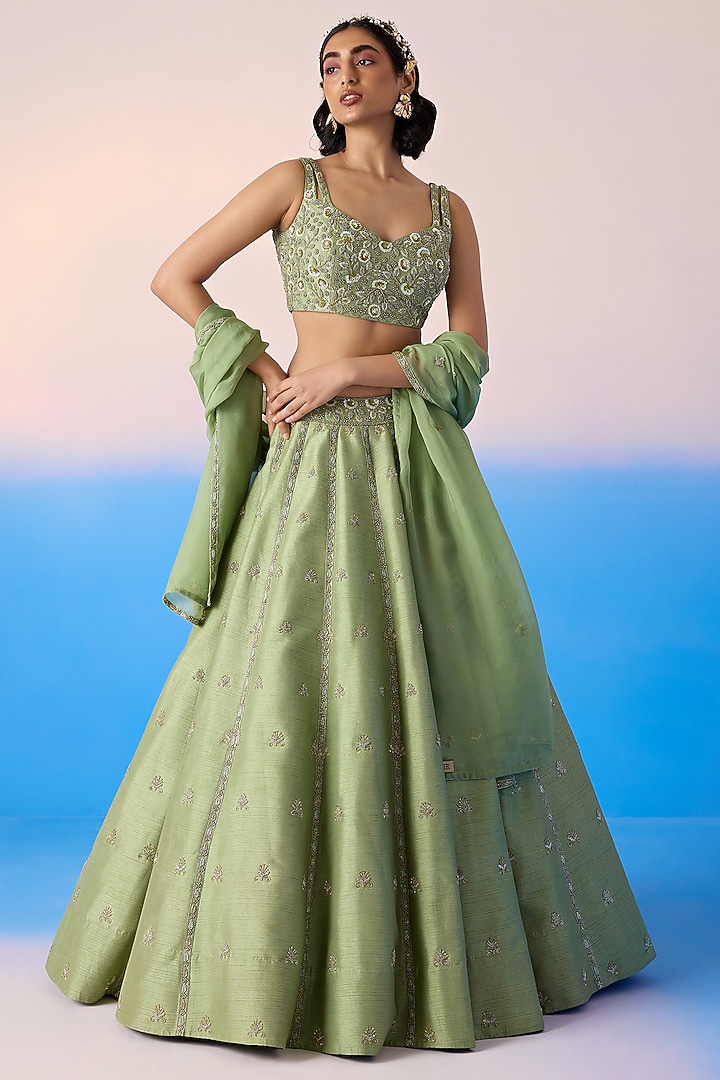 Sage Green Viscose Dupion & Viscose Crepe Embroidered Wedding Lehenga Set by Mirroir at Pernia's Pop Up Shop