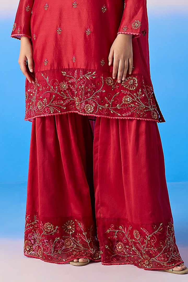 Carmine Red Chanderi & Viscose Crepe Embroidered Kurta Set Design by ...