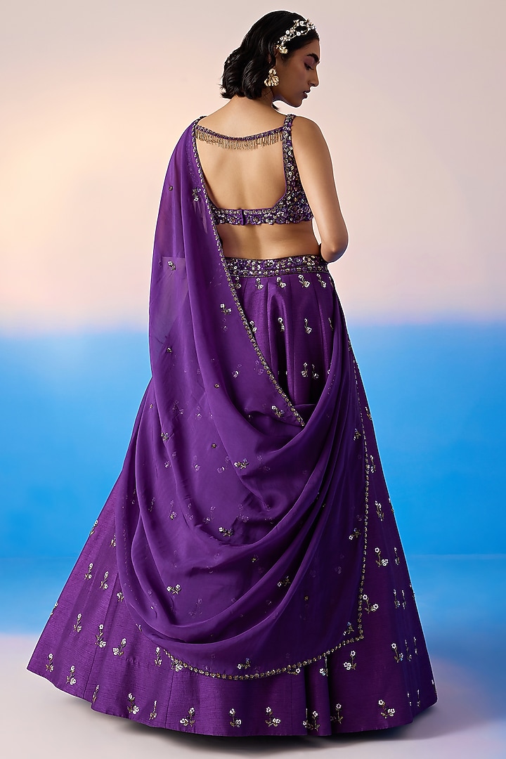 Royal Purple Viscose Dupion & Viscose Crepe Embroidered Wedding Lehenga Set by Mirroir at Pernia's Pop Up Shop