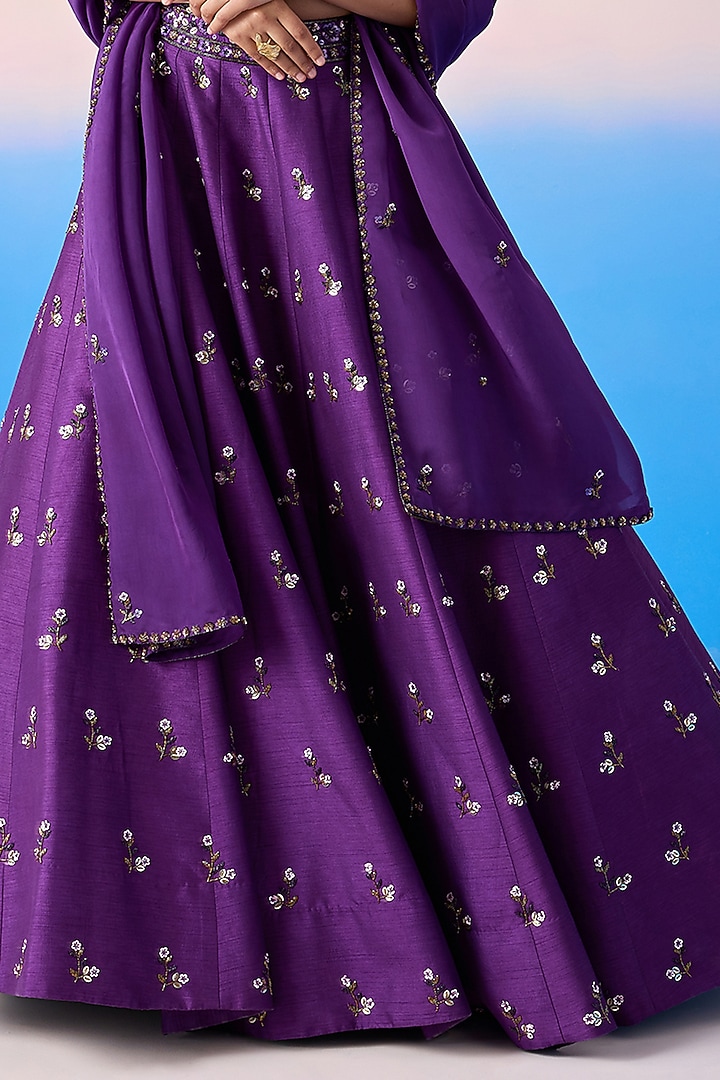Royal Purple Viscose Dupion & Viscose Crepe Embroidered Wedding Lehenga Set by Mirroir at Pernia's Pop Up Shop