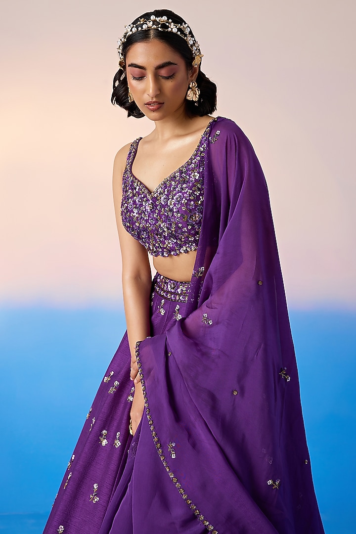 Royal Purple Viscose Dupion & Viscose Crepe Embroidered Wedding Lehenga Set by Mirroir at Pernia's Pop Up Shop