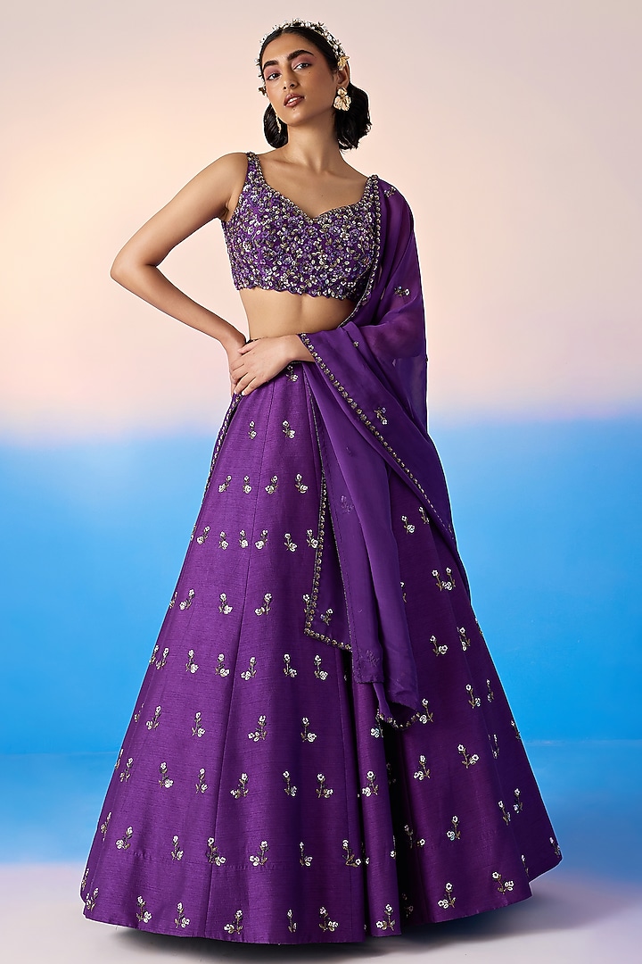Royal Purple Viscose Dupion & Viscose Crepe Embroidered Wedding Lehenga Set by Mirroir at Pernia's Pop Up Shop