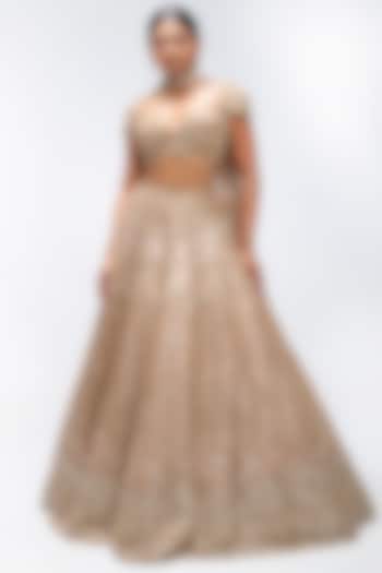Gold Mirage Pure Silk Sequins Embellished Scalloped Bridal Lehenga Set by Mirroir at Pernia's Pop Up Shop