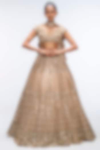 Gold Mirage Pure Silk Sequins Embellished Scalloped Bridal Lehenga Set by Mirroir at Pernia's Pop Up Shop