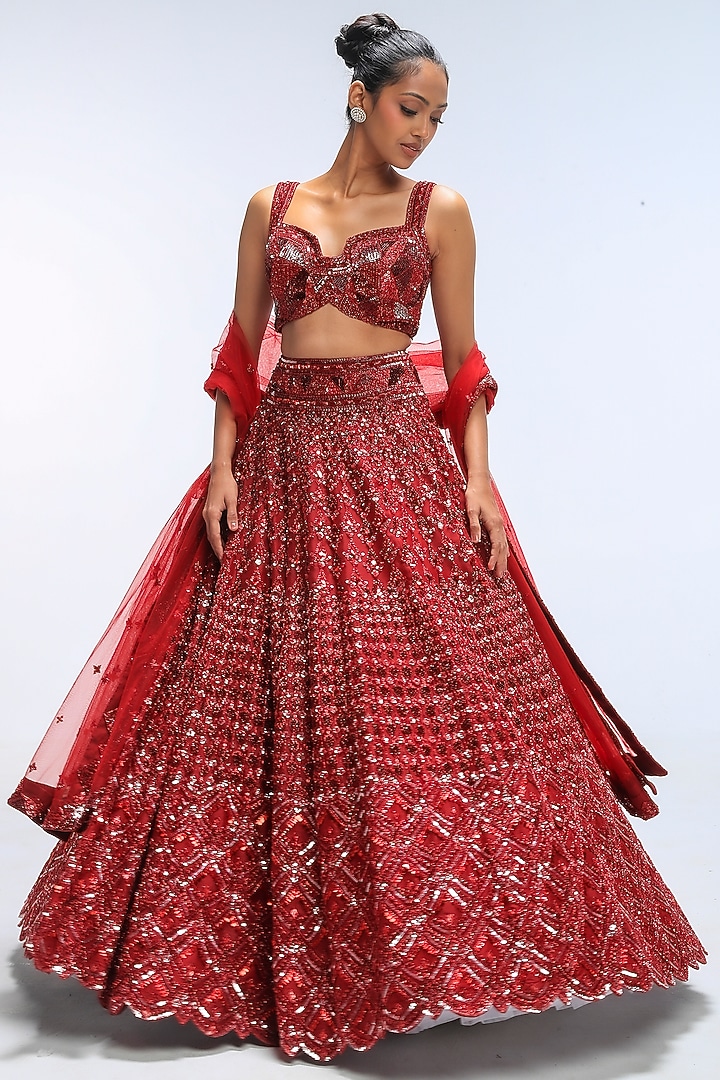 Red Reverie Pure Silk Sequins Embellished Bridal Lehenga Set by Mirroir at Pernia's Pop Up Shop