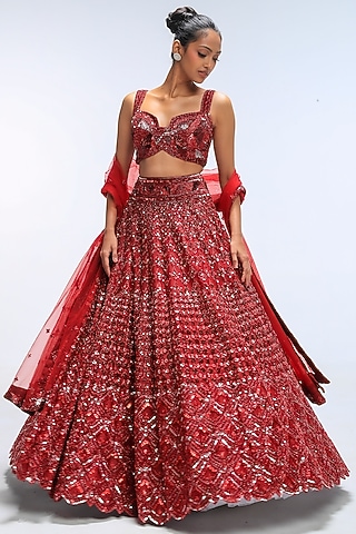 Red Reverie Pure Silk Sequins Embellished Lehenga Set by Mirroir