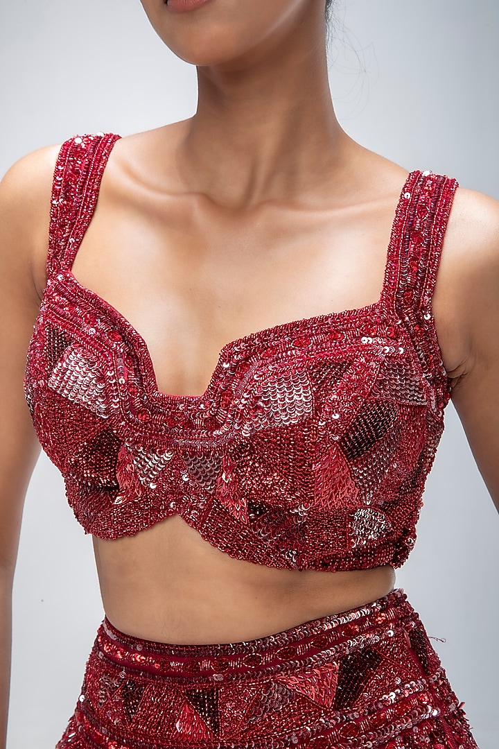 Red Reverie Pure Silk Sequins Embellished Bridal Lehenga Set by Mirroir at Pernia's Pop Up Shop