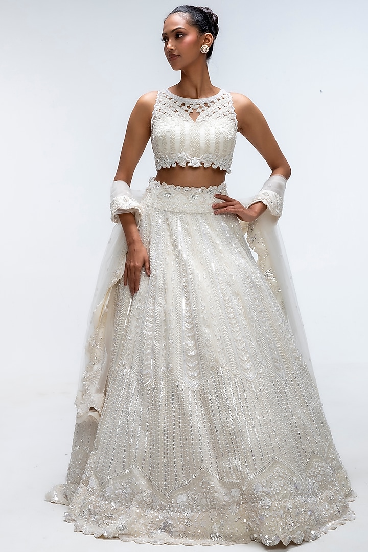 Ivory Illume Pure Silk Sequins Embellished Bridal Lehenga Set by Mirroir at Pernia's Pop Up Shop