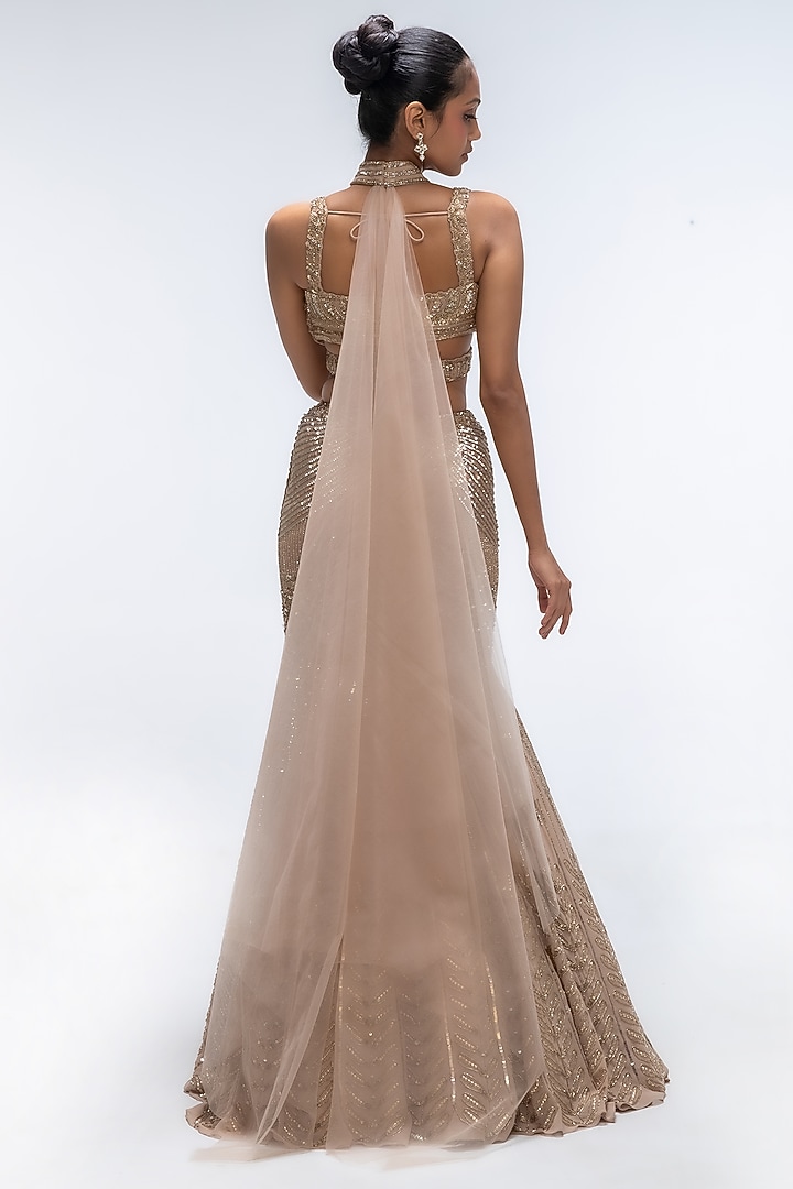 Gold Mirage Pure Silk Organza Embellished Fish-Cut Wedding Lehenga Set by Mirroir at Pernia's Pop Up Shop