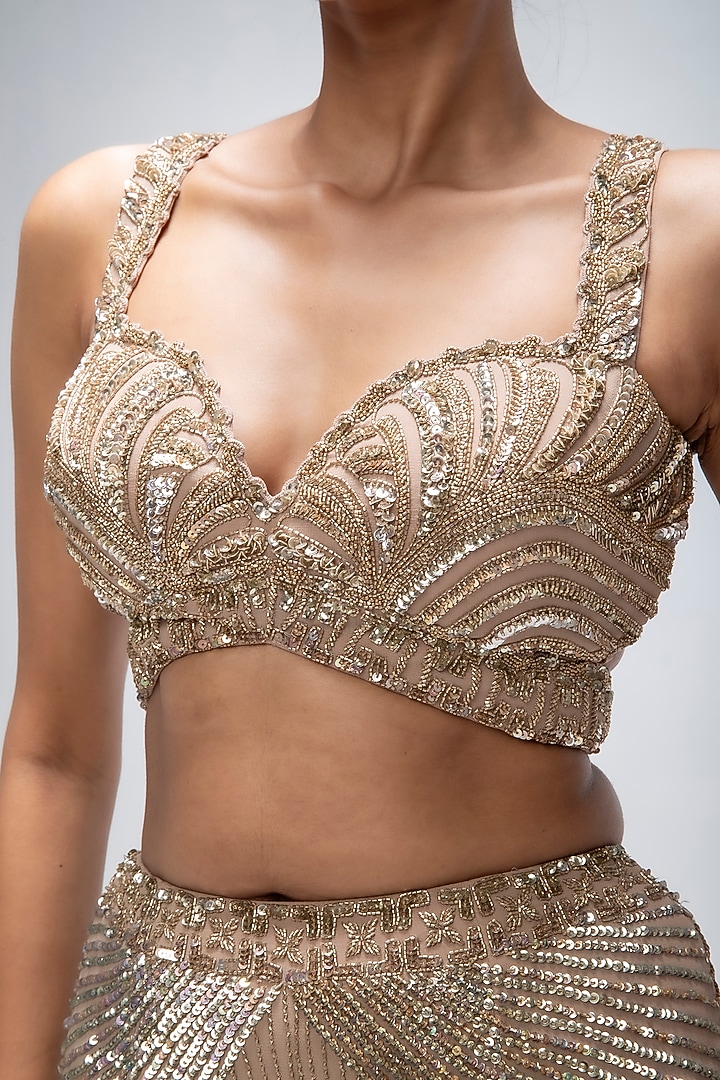 Gold Mirage Pure Silk Organza Embellished Fish-Cut Wedding Lehenga Set by Mirroir at Pernia's Pop Up Shop