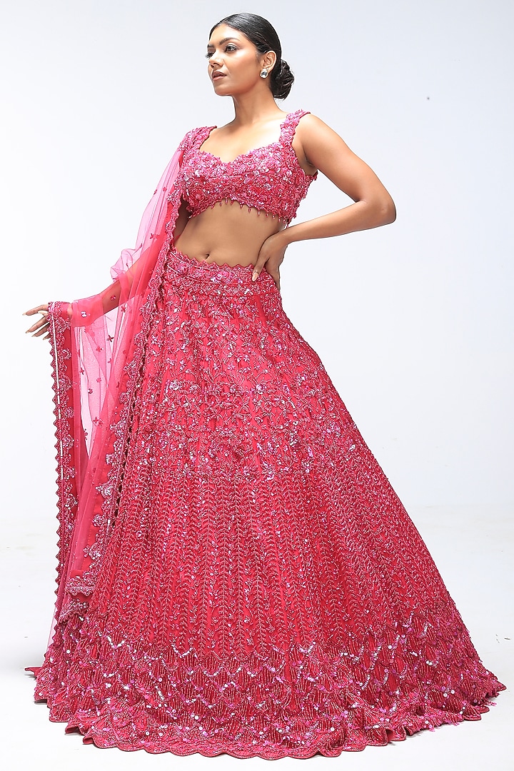 Pink Amber Pure Silk Sequins Embellished Scalloped Bridal Lehenga Set by Mirroir at Pernia's Pop Up Shop
