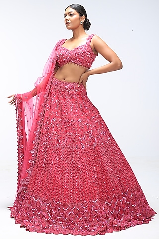 Pink Amber Pure Silk Sequins Embellished Scalloped Lehenga Set by Mirroir