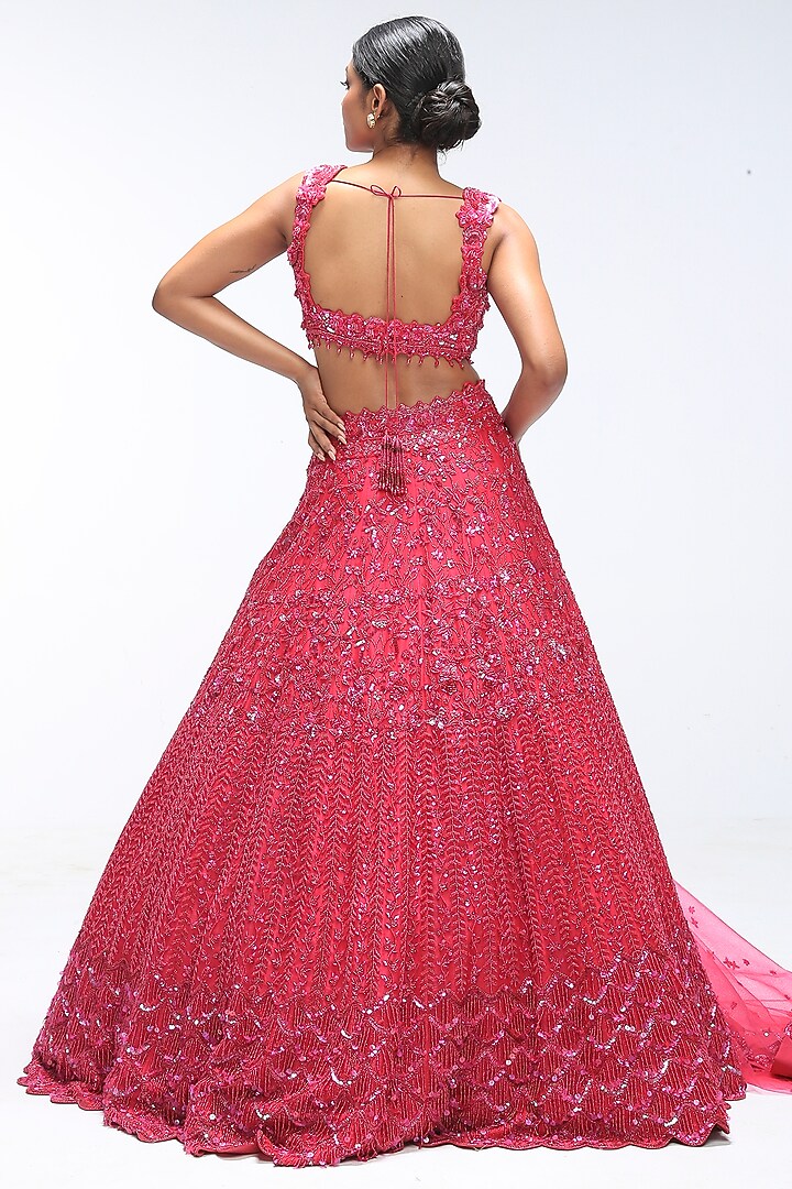 Pink Amber Pure Silk Sequins Embellished Scalloped Bridal Lehenga Set by Mirroir at Pernia's Pop Up Shop