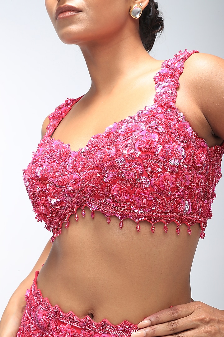 Pink Amber Pure Silk Sequins Embellished Scalloped Bridal Lehenga Set by Mirroir at Pernia's Pop Up Shop