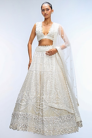 Ivory Illume Pure Silk Sequins Embellished Lehenga Set by Mirroir
