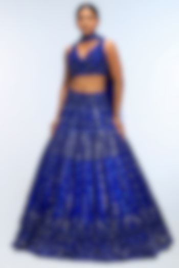 Blue Horizon Pure Silk Crystal Embellished Bridal Lehenga Set by Mirroir at Pernia's Pop Up Shop