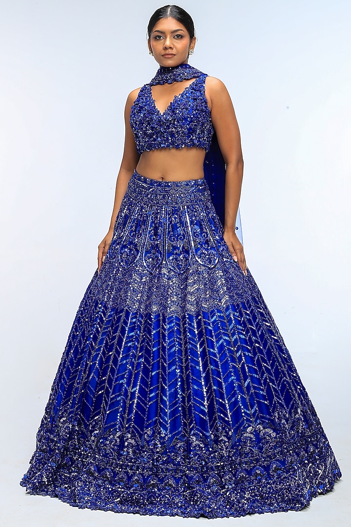 Blue Horizon Pure Silk Crystal Embellished Bridal Lehenga Set by Mirroir at Pernia's Pop Up Shop