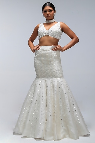 Ivory Illume Pure Silk Embellished Fish-Cut Lehenga Set by Mirroir
