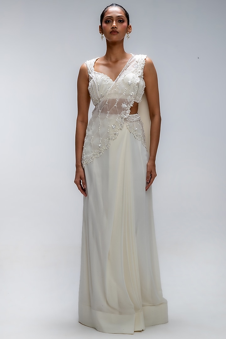 Ivory Illume Pure Silk Organza Embellished Draped Wedding Saree Set by Mirroir at Pernia's Pop Up Shop