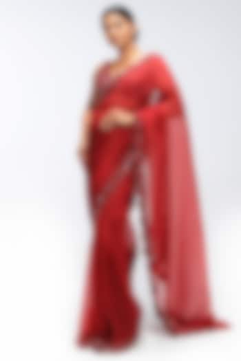 Red Reverie Pure Silk Organza Embellished Scalloped Wedding Saree Set by Mirroir at Pernia's Pop Up Shop