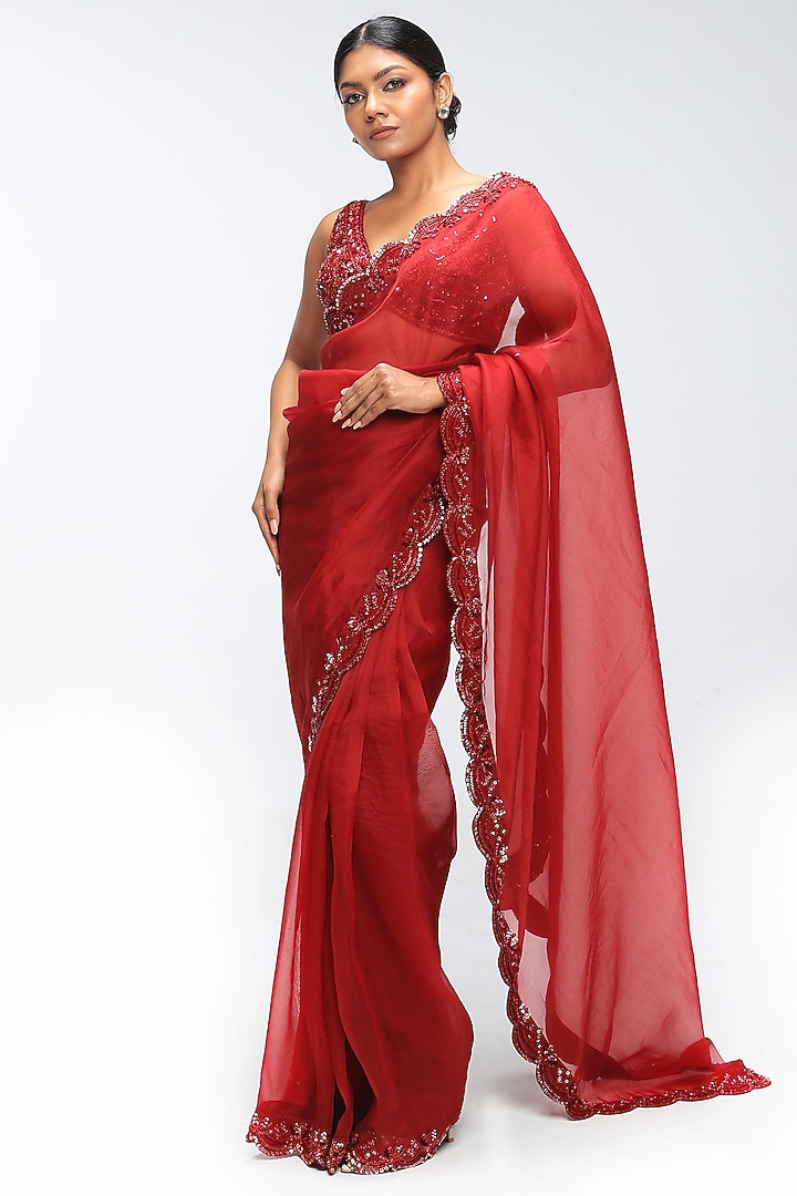Red Reverie Pure Silk Organza Embellished Scalloped Wedding Saree Set by Mirroir at Pernia's Pop Up Shop
