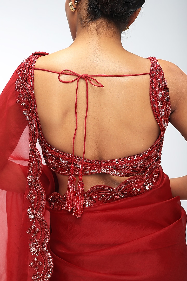 Red Reverie Pure Silk Organza Embellished Scalloped Wedding Saree Set by Mirroir at Pernia's Pop Up Shop
