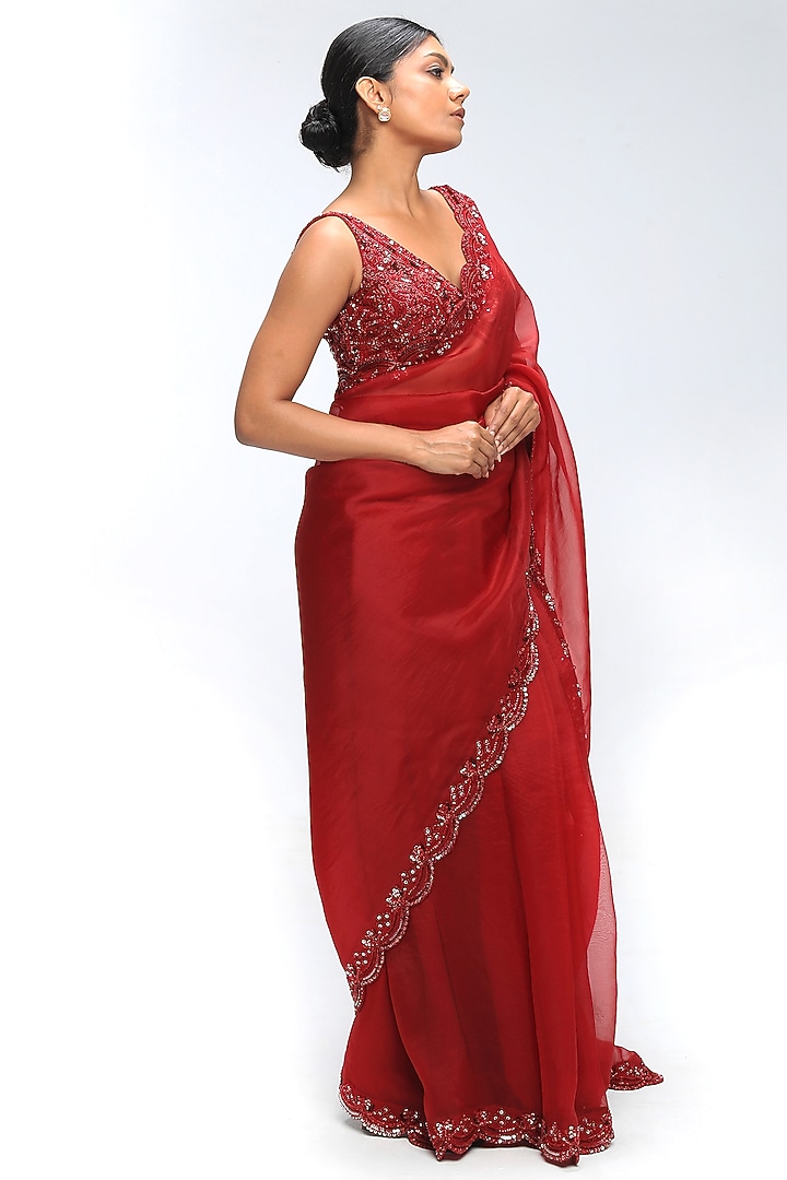 Red Reverie Pure Silk Organza Embellished Scalloped Wedding Saree Set by Mirroir at Pernia's Pop Up Shop