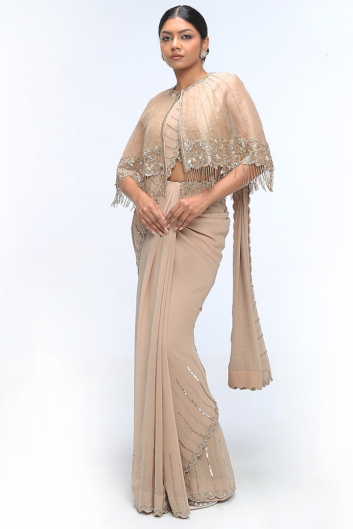 Gold Mirage Pure Silk Organza Embellished Reception Saree Set by Mirroir at Pernia's Pop Up Shop