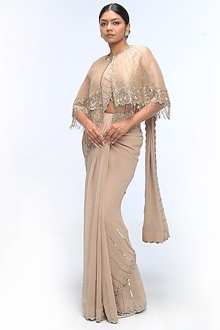 Gold Mirage Pure Silk Organza Embellished Saree Set by Mirroir