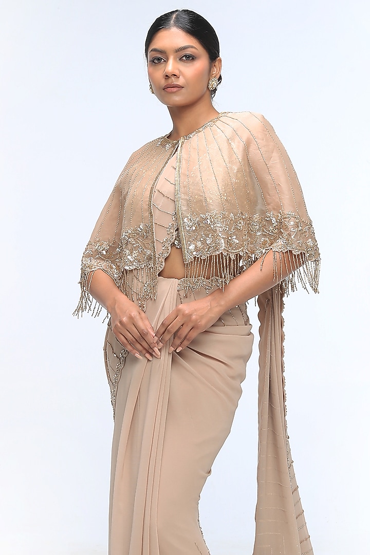 Gold Mirage Pure Silk Organza Embellished Reception Saree Set by Mirroir at Pernia's Pop Up Shop