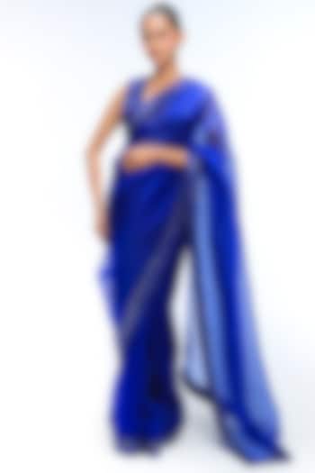 Sapphire Blue Pure Silk Organza Embroidered Wedding Saree Set by Mirroir at Pernia's Pop Up Shop