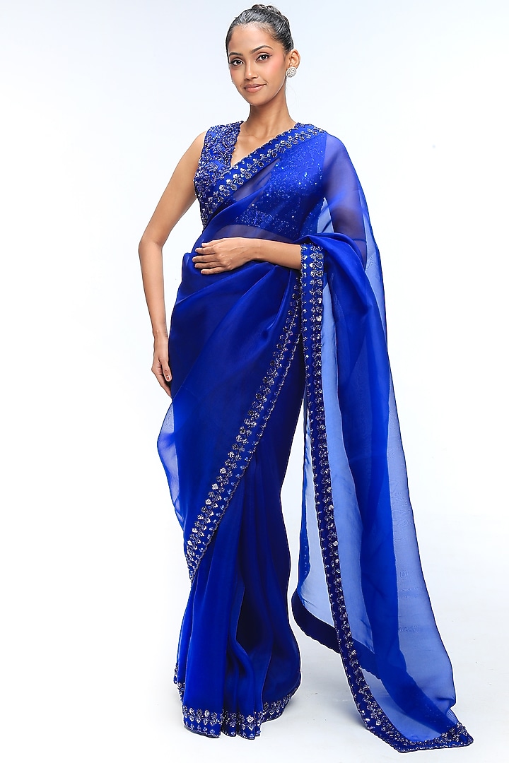 Sapphire Blue Pure Silk Organza Embroidered Wedding Saree Set by Mirroir at Pernia's Pop Up Shop
