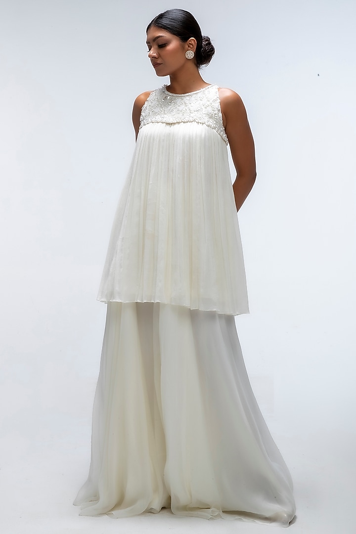 Ivory Viscose Chiffon Wedding Sharara Set by Mirroir at Pernia's Pop Up Shop