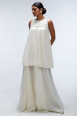 Ivory Viscose Chiffon Sharara Set by Mirroir