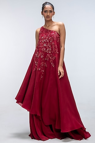 Red Viscose Crepe Sharara Set by Mirroir