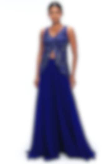 Sapphire Blue Viscose Organza Wedding Sharara Set by Mirroir at Pernia's Pop Up Shop