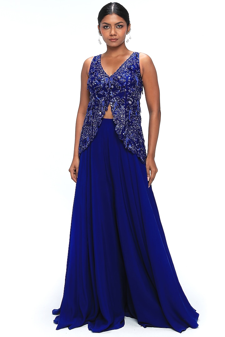 Sapphire Blue Viscose Organza Wedding Sharara Set by Mirroir at Pernia's Pop Up Shop