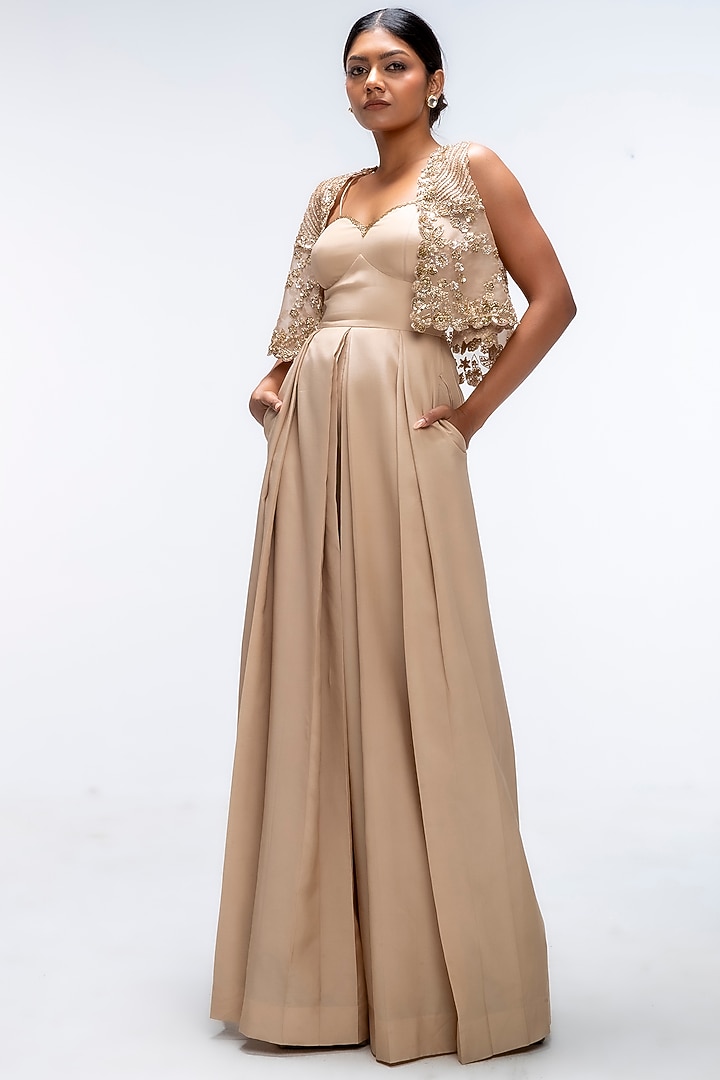 Champagne Gold Viscose Crepe Jumpsuit With Cape by Mirroir at Pernia's Pop Up Shop