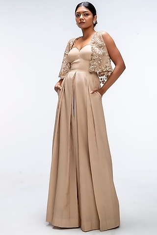Champagne Gold Viscose Crepe Jumpsuit With Cape by Mirroir
