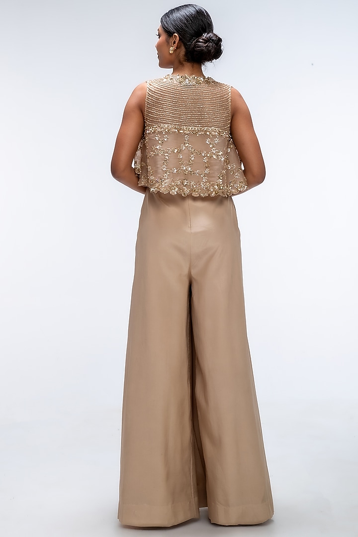 Champagne Gold Viscose Crepe Jumpsuit With Cape by Mirroir at Pernia's Pop Up Shop