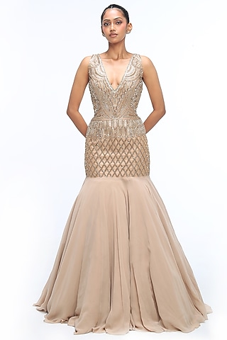 Champagne Gold Georgette Cutdana Embellished Gown by Mirroir