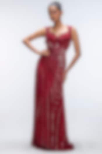 Ruby Red Pure Silk Georgette Cutdana Embellished Wedding Gown by Mirroir at Pernia's Pop Up Shop