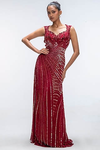 Ruby Red Pure Silk Georgette Cutdana Embellished Gown by Mirroir