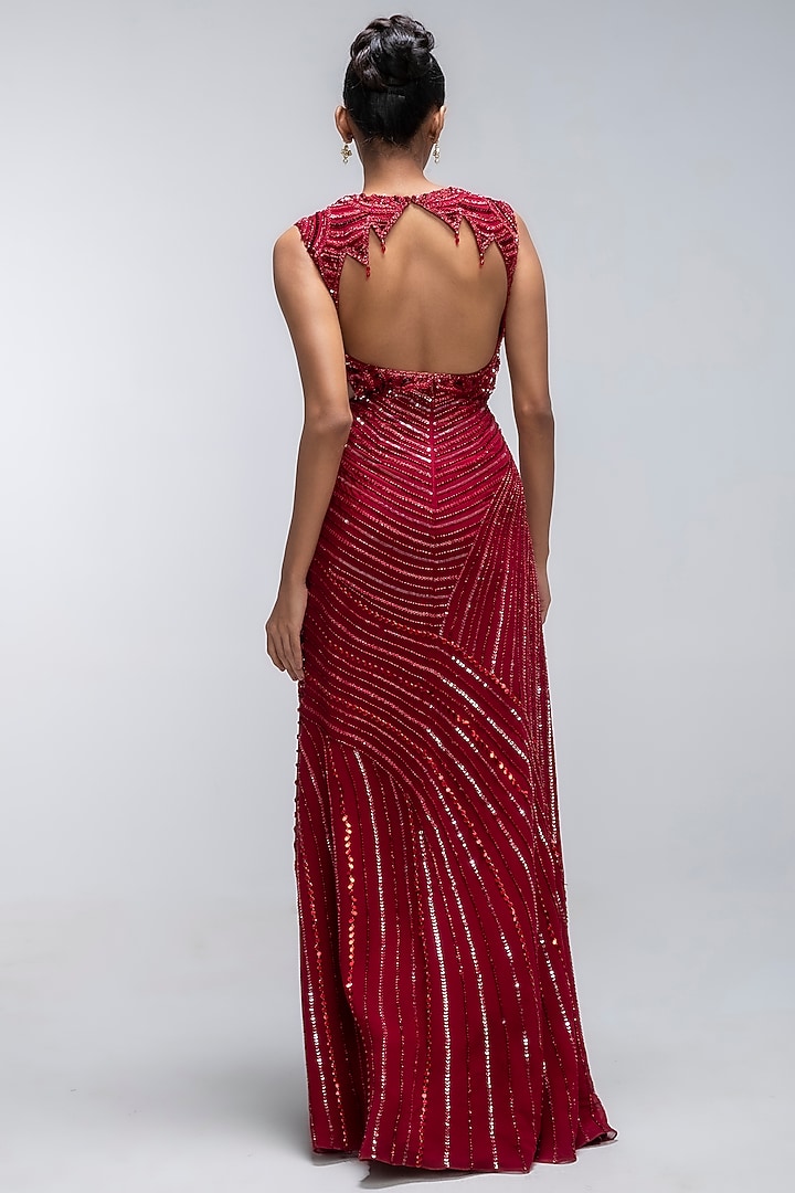 Ruby Red Pure Silk Georgette Cutdana Embellished Wedding Gown by Mirroir at Pernia's Pop Up Shop