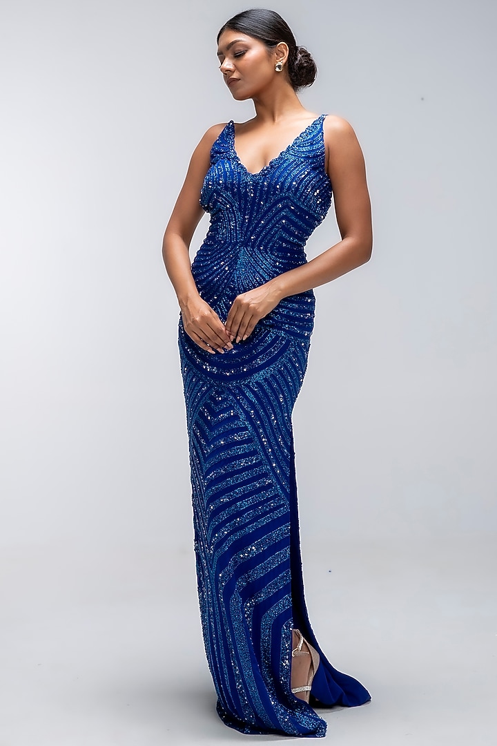 Sapphire Blue Pure Silk Georgette Cutdana Embellished Engagement Gown by Mirroir at Pernia's Pop Up Shop