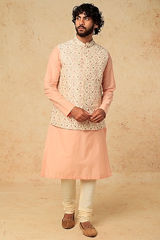 Ivory Cotton Silk Bundi Jacket With Kurta Set by Mirroir Men