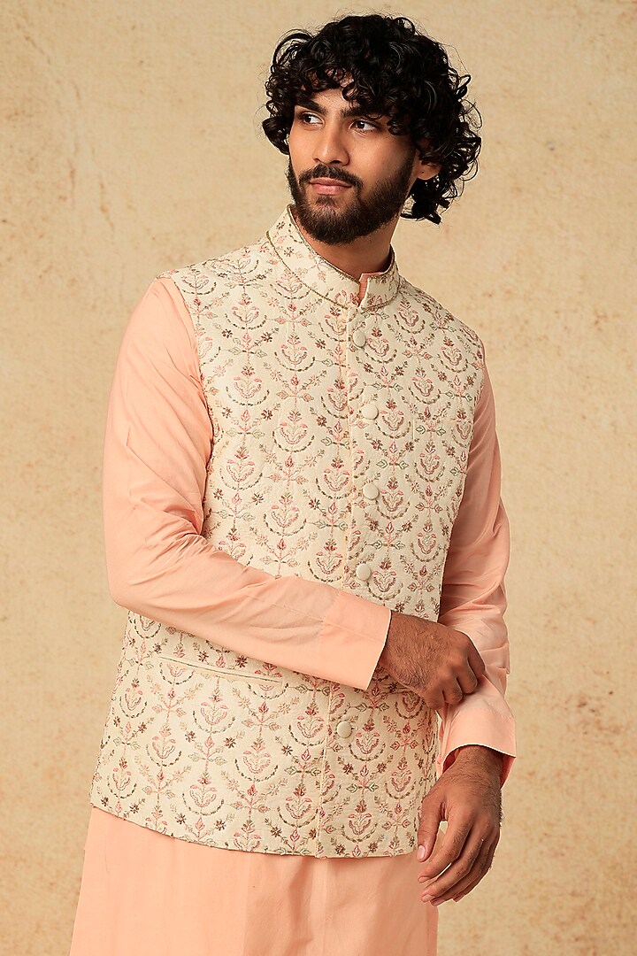 Ivory Cotton Silk Bundi Jacket With Kurta Set by Mirroir Men at Pernia's Pop Up Shop